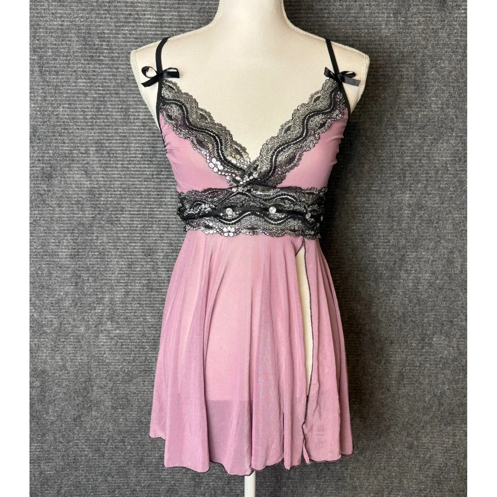 Y2K Pink Lace Babydoll Mini Dress Coquette Fairycore Mesh Slip Dress